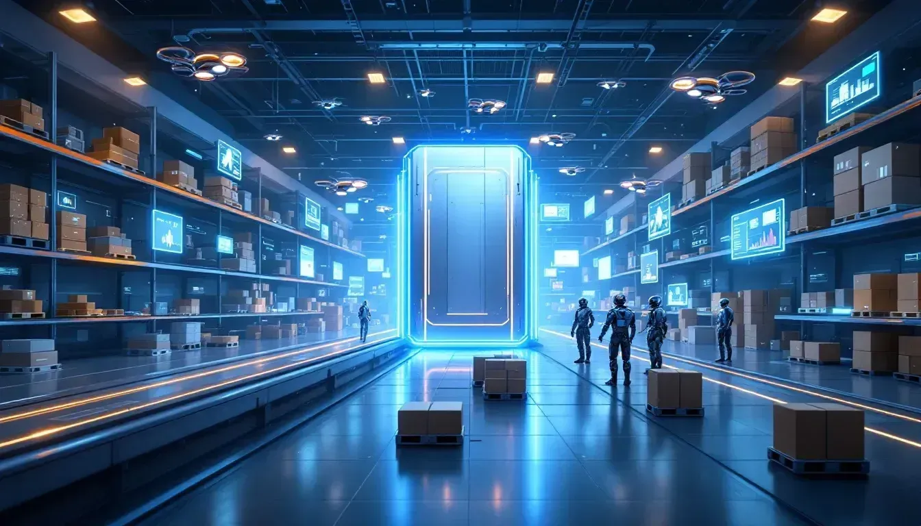 A group of people are standing in a futuristic warehouse with boxes and shelves.