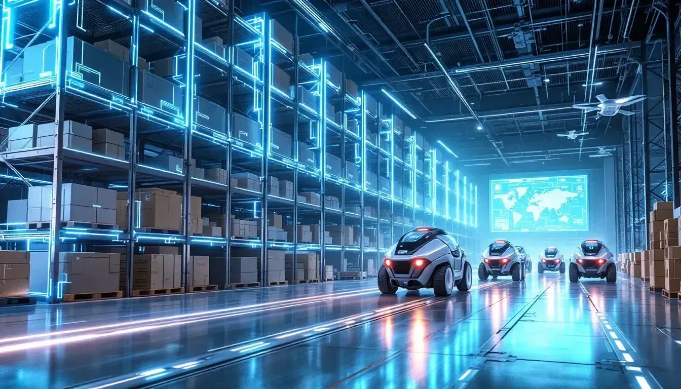 A group of robots are driving through a warehouse.